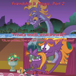 Size: 1920x1920 | Tagged: safe, edit, edited screencap, editor:itsmgh1203, screencap, cranky doodle donkey, steven magnet, donkey, sea serpent, friendship is magic, g4, season 1, season 5, slice of life (episode), duo, duo male, male, open mouth, open smile, ponyville town hall, smiling, text