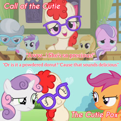 Size: 1920x1920 | Tagged: safe, edit, edited screencap, editor:itsmgh1203, screencap, apple bloom, diamond tiara, liza doolots, noi, petunia, scootaloo, silver spoon, sweetie belle, tootsie flute, twist, earth pony, pegasus, pony, unicorn, call of the cutie, g4, season 1, season 2, the cutie pox, ^^, eyes closed, female, filly, foal, glasses, open mouth, open smile, ponyville schoolhouse, smiling, text