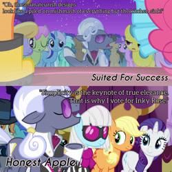 Size: 1920x1920 | Tagged: safe, edit, edited screencap, editor:itsmgh1203, screencap, amethyst star, applejack, cloud kicker, coco crusoe, doctor whooves, hoity toity, lemon hearts, lyra heartstrings, merry may, midnight fun, minuette, photo finish, pinkie pie, press pass, press release (character), pretty vision, rarity, sea swirl, seafoam, sparkler, time turner, earth pony, pony, unicorn, g4, honest apple, season 1, season 7, suited for success, :o, applejack's hat, clothes, cowboy hat, dress, elise, eyes closed, female, hat, male, mare, night, offscreen character, open mouth, open smile, smiling, stallion, text