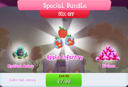 Size: 1266x862 | Tagged: safe, gameloft, idw, living apple, g4, apple, bundle, costs real money, english, food, gem, helmet, idw showified, leaf, magic, magic aura, meteor, numbers, sale, text, tongue out, trio