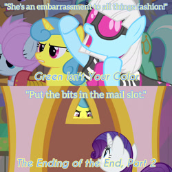 Size: 1920x1920 | Tagged: safe, edit, edited screencap, editor:itsmgh1203, screencap, coco crusoe, lemon hearts, lyra heartstrings, photo finish, rarity, soigne folio, earth pony, pegasus, pony, g4, green isn't your color, season 1, season 9, the ending of the end, female, mare, open mouth, text