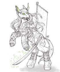 Size: 2062x2467 | Tagged: safe, artist:karamboll, demon, pony, armor, crossover, fangs, high res, horns, japanese, katana, long hair, mask, ponified, samurai, sketch, solo, soul calibur, standing, sword, weapon