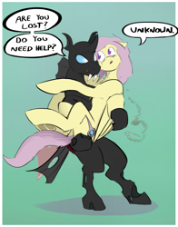 Size: 1235x1579 | Tagged: safe, artist:testostepone, oc, oc only, oc:cables, oc:coxa, changeling, pegasus, pony, anisocoria, carrying, changeling oc, cigarette, concerned, dialogue, fangs, gradient background, holding a pony, looking at each other, looking at someone, male, not fluttershy, pegasus oc, pink mane, purple eyes, red changeling, scar, standing, tired eyes
