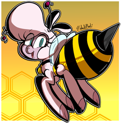 Size: 987x1000 | Tagged: safe, artist:juanchogluedra, artist:malachimoet, pom (tfh), bee, insect, lamb, sheep, them's fightin' herds, animal costume, bee costume, clothes, cloven hooves, community related, costume, cute, ewe, female, insect wings, looking at you, looking back, looking back at you, solo, wings