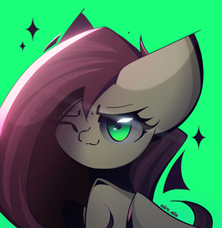 Size: 1950x2000 | Tagged: safe, artist:miryelis, fluttershy, pegasus, pony, g4, big ears, bust, glowing, green background, green eyes, long hair, looking at you, one eye closed, signature, simple background, smiling, smiling at you, solo, wink