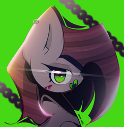 Size: 1950x2000 | Tagged: safe, artist:miryelis, pinkie pie, earth pony, pony, g4, bandaid, big ears, blood, bust, chains, cut, glowing, green background, looking at you, one eye closed, pinkamena diane pie, signature, simple background, solo