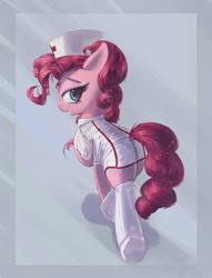 Size: 3000x3934 | Tagged: safe, artist:vultraz, pinkie pie, earth pony, pony, g4, abstract background, balloonbutt, butt, clothes, female, grin, hat, high res, looking at you, looking back, looking back at you, mare, nurse, nurse hat, nurse outfit, pinktober, plot, ponerpics import, smiling, socks, walking