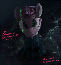 Size: 3000x3185 | Tagged: safe, artist:vultraz, pinkie pie, earth pony, pony, g4, alien (franchise), alien covenant, clothes, female, high res, jumpsuit, laser, looking at you, mare, pinktober, ponerpics exclusive, ponerpics import, ponified, ponified scene, reference in the comments, sitting, solo, talking, text