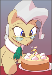 Size: 2077x3000 | Tagged: safe, artist:vultraz, mayor mare, earth pony, pony, g4, birthday, birthday cake, blowing, cake, candle, female, food, glasses, gradient background, high res, mare, open mouth, ponerpics import, question mark, simple background, solo