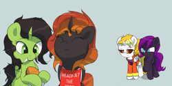 Size: 2500x1261 | Tagged: safe, artist:vultraz, oc, oc:aaa, oc:dyx, oc:filly anon, oc:nyx, alicorn, pony, alicorn oc, angry, apron, clothes, envy, eyes closed, female, filly, foal, folded wings, food, grin, gritted teeth, hoof hold, horn, kiss the cook, ponerpics import, raised hoof, sandwich, simple background, smiling, teeth, wings