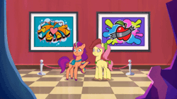 Size: 520x293 | Tagged: safe, screencap, izzy moonbow, posey bloom, sunny starscout, earth pony, pony, unicorn, g5, my little pony: tell your tale, sneaksy strikes again, spoiler:g5, spoiler:my little pony: tell your tale, spoiler:tyts01e34, animated, art museum, female, gif, izzy being izzy, mane stripe sunny, mare, upside down, walking on ceiling