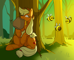Size: 3480x2808 | Tagged: safe, artist:rico_chan, applejack, bee, earth pony, insect, pony, g4, food, forest, high res, honey, huevember, nervous, sketch, solo, tree