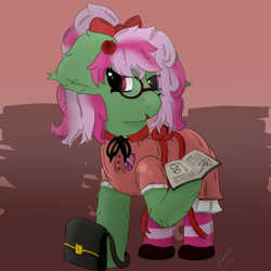 Size: 3000x3000 | Tagged: safe, artist:spiroudada, oc, oc only, oc:bubble storm, earth pony, pony, book, bow, clothes, crossdressing, cute, dress, high res, male, princess, purse, school uniform, schoolgirl, socks, solo, stallion, striped socks