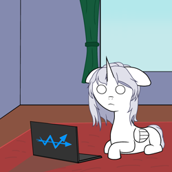 Size: 2000x2000 | Tagged: artist needed, source needed, safe, oc, oc only, oc:κασσάνδρα, alicorn, pony, alicorn oc, computer, curtains, floppy ears, high res, horn, laptop computer, solo, window, wings