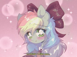 Size: 2048x1536 | Tagged: safe, artist:pierogarts, oc, oc only, oc:blazey sketch, pegasus, pony, blushing, bow, clothes, green eyes, grey fur, hair bow, heart, heart eyes, looking at you, multicolored hair, pink background, simple background, smiling, smiling at you, solo, sweater, wingding eyes