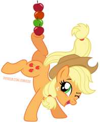 Size: 786x1000 | Tagged: safe, artist:jennieoo, applejack, earth pony, pony, g4, apple, balancing, butt, cowboy hat, cute, food, handstand, happy, hat, jackabetes, one eye closed, open mouth, open smile, patreon, patreon reward, plot, show accurate, simple background, smiling, solo, standing on two hooves, transparent background, upside down, vector, wink