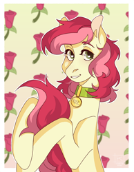 Size: 3070x3958 | Tagged: safe, artist:kyoto, roseluck, earth pony, pony, g4, collar, commission, commissioner:doom9454, cute, high res, hug, pet tag, pony pet, rosepet, solo, tail, tail hug