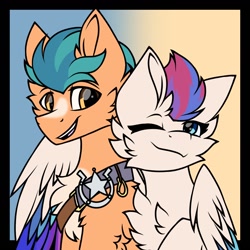 Size: 1280x1280 | Tagged: safe, artist:pegacousinceles, hitch trailblazer, zipp storm, earth pony, pegasus, pony, g5, duo, duo male and female, female, hug, looking at someone, male, mare, one eye closed, ship:stormblazer, shipping, simple background, smiling, stallion, straight, winghug, wings, wink