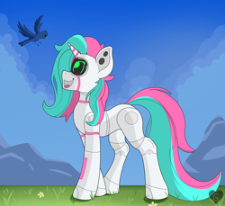 Size: 2446x2244 | Tagged: safe, artist:gnashie, oc, oc only, oc:cyber rose, bird, pony, robot, robot pony, unicorn, cloud, grass, happy, high res, horn, light, looking up, mountain, open mouth, screen, sky, unicorn oc