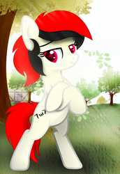 Size: 3894x5673 | Tagged: safe, artist:fededash, oc, oc only, oc:lightingflare, earth pony, pony, bipedal, crepuscular rays, female, house, looking at you, mare, red and black mane, red eyes, red tail, solo, tail, tree