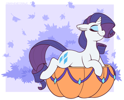 Size: 2550x2050 | Tagged: safe, artist:graphene, part of a set, rarity, pony, unicorn, g4, eyes closed, female, floppy ears, high res, horn, leaves, lying down, mare, prone, pumpkin, signature, smiling, solo