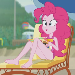 Size: 711x713 | Tagged: safe, screencap, pinkie pie, human, equestria girls, equestria girls series, friendship math, g4, bare shoulders, barefoot, clothes, cute, diapinkes, feet, female, happy, legs, magazine, one-piece swimsuit, pinkie pie swimsuit, sleeveless, solo, swimsuit