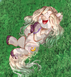 Size: 1001x1088 | Tagged: safe, artist:marychristine08, oc, oc only, earth pony, pony, :d, bracelet, earth pony oc, eyes closed, female, grass, jewelry, lying down, mare, on back, open mouth, open smile, outdoors, smiling, solo, unshorn fetlocks