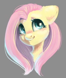 Size: 870x1023 | Tagged: safe, artist:melodylibris, fluttershy, pegasus, pony, g4, blushing, bust, cute, female, floppy ears, fluffy, gray background, grin, looking sideways, looking up, mare, open mouth, open smile, portrait, shyabetes, simple background, smiling, solo