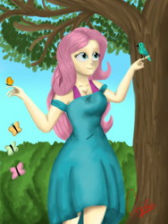 Size: 768x1024 | Tagged: safe, artist:cjv2004, fluttershy, bird, butterfly, human, pegasus, equestria girls, g4, adorasexy, breasts, busty fluttershy, cleavage, clothes, cute, dress, sexy, shyabetes, solo, tree