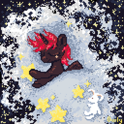 Size: 384x384 | Tagged: safe, artist:alex g, oc, oc only, oc:hardy, alicorn, pony, rabbit, alicorn oc, animal, horn, pixel art, sleeping, solo, stars, wings