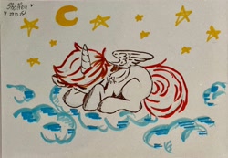 Size: 3827x2654 | Tagged: safe, artist:shalfey, oc, oc only, oc:hardy, alicorn, pony, alicorn oc, cloud, high res, horn, on a cloud, sleeping, solo, traditional art, wings