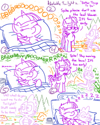 Size: 4779x6013 | Tagged: safe, artist:adorkabletwilightandfriends, spike, twilight sparkle, alicorn, dragon, pony, comic:adorkable twilight and friends, g4, adorkable, adorkable twilight, autumn, awakening, bed, bedroom, blanket, comic, cute, disturbed, dork, family, female, friendship, grass, holding, hug, lawn mower, leaf blower, leaves, love, mama twilight, mare, nostril flare, nostrils, pillow, sleeping, sleepy, slice of life, snuggling, spikabetes, spikelove, squeezing, sweet dreams fuel, twiabetes, twilight sparkle (alicorn), winghug, wings, working, yard