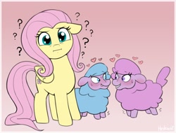Size: 2742x2082 | Tagged: safe, artist:heretichesh, fluttershy, pegasus, pony, sheep, g4, :i, blushing, confused, ewe, female, floating heart, floppy ears, gradient background, heart, high res, licking, licking lips, looking at each other, looking at someone, mare, question mark, signature, sweat, tiny ewes, tongue out