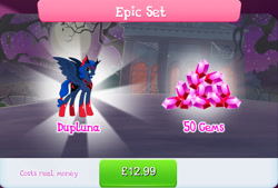Size: 1268x857 | Tagged: safe, gameloft, idw, princess luna, alicorn, pony, g4, reflections, bundle, costs real money, epic set, evil counterpart, evil luna, female, gem, horn, idw showified, mare, mirror universe, sale, solo, spread wings, tree, wings