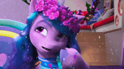 Size: 600x336 | Tagged: safe, screencap, izzy moonbow, pony, unicorn, g5, my little pony: make your mark, my little pony: make your mark chapter 3, winter wishday, spoiler:g5, spoiler:winter wishday, animated, antlers, clothes, cute, derp, female, floral head wreath, flower, flower in hair, gif, izzybetes, mare, nope, scarf, smiling, snow, snowfall, solo, thinking, wreath