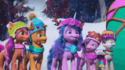 Size: 1280x716 | Tagged: safe, screencap, hitch trailblazer, izzy moonbow, pipp petals, sparky sparkeroni, sunny starscout, zipp storm, dragon, earth pony, pegasus, pony, unicorn, g5, my little pony: make your mark, my little pony: make your mark chapter 3, winter wishday, spoiler:g5, spoiler:winter wishday, animated, bells, bridlewood, butt, cheerful, clothes, crown, diamonds, fake antlers, female, floral head wreath, flower, flower in hair, happy, hat, heart, jewelry, jumping, leaping, lights, male, mane five, mare, paper crown, plot, regalia, scarf, serious, sheriff's badge, silver nova (g5), snow, snowfall, snowmare, sound, spinning, stallion, toque, tree branch, twirl, webm, winter hat, wreath