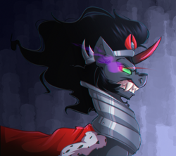 Size: 3472x3080 | Tagged: safe, artist:witchtaunter, king sombra, pony, unicorn, the crystal empire 10th anniversary, g4, armor, cape, chest fluff, clothes, colored horn, crown, curved horn, ear fluff, fangs, frown, glowing, glowing eyes, gradient background, high res, horn, jewelry, male, regalia, snarling, solo, sombra eyes, sombra horn, stallion, teeth