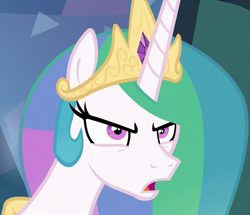 Size: 839x720 | Tagged: safe, screencap, princess celestia, g4, the ending of the end, angry, bust, cropped, crown, eyelashes, female, furrowed brow, horn, jewelry, long horn, mare, peytral, portrait, regalia, solo