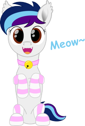 Size: 1000x1470 | Tagged: safe, artist:rd4590, oc, oc only, oc:azuma pavillon, cat, earth pony, pony, behaving like a cat, bell, bell collar, chest fluff, clothes, collar, cute, ear fluff, earth pony oc, fangs, femboy, looking at you, male, meow, open mouth, simple background, sitting, smiling, socks, solo, stockings, striped socks, thigh highs, transparent background, vector