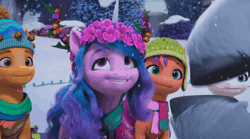 Size: 1280x712 | Tagged: safe, screencap, alphabittle blossomforth, hitch trailblazer, izzy moonbow, sunny starscout, zipp storm, earth pony, pegasus, pony, unicorn, g5, my little pony: make your mark, my little pony: make your mark chapter 3, winter wishday, spoiler:g5, spoiler:winter wishday, animated, bells, charades, clapping, clothes, fake antlers, female, floral head wreath, flower, flower in hair, hat, male, mane stripe sunny, mare, scarf, sheriff's badge, snow, snowfall, stallion, toque, tree branch, winter, winter hat, wreath