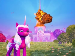 Size: 1713x1283 | Tagged: safe, edit, gameloft, opaline arcana, alicorn, pony, g5, my little pony: make your mark, my little pony: mane merge, spoiler:g5, spoiler:my little pony: make your mark, 3d, bad end, evil smirk, explosion, eyebrows, female, folded wings, implied death, mare, smiling, smirk, solo, wings