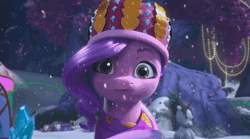 Size: 1280x712 | Tagged: safe, screencap, izzy moonbow, pipp petals, bunnycorn, pegasus, pony, rabbit, g5, my little pony: make your mark, my little pony: make your mark chapter 3, winter wishday, spoiler:g5, spoiler:winter wishday, animal, animated, crown, diamonds, female, first person view, heart, hopping, horn, jewelry, mare, offscreen character, paper crown, pov, regalia, shoving, snow, snowfall, unicorn horn, winter