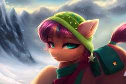 Size: 2112x1408 | Tagged: safe, ai assisted, ai content, editor:craft, generator:purplesmart.ai, generator:stable diffusion, sunny starscout, earth pony, pony, g5, winter wishday, spoiler:g5, spoiler:winter wishday, clothes, comments locked down, hat, scarf, snow, snowfall, the quality of ai art is frightening, toque, winter