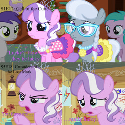 Size: 1936x1936 | Tagged: safe, edit, edited screencap, screencap, diamond tiara, silver spoon, earth pony, pony, call of the cutie, crusaders of the lost mark, g4, character development, clubhouse, comic, comparison, crusaders clubhouse, female, filly, foal, screencap comic