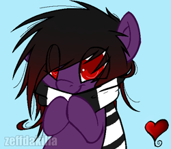 Size: 540x469 | Tagged: safe, artist:lustrous-dreams, artist:zeffdakilla, oc, oc only, oc:frankie fang, pegasus, pony, base used, black mane, blue background, chibi, clothes, cute, cyan background, emo, eye clipping through hair, heart, hooves up, looking at you, male, messy mane, one ear down, purple fur, red eyes, scarf, scene, scene kid, simple background, smiling, solo, striped scarf