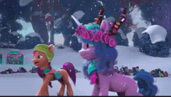Size: 1280x728 | Tagged: safe, screencap, izzy moonbow, sunny starscout, vidalia fields, earth pony, pony, unicorn, g5, my little pony: make your mark, my little pony: make your mark chapter 3, winter wishday, spoiler:g5, spoiler:winter wishday, animated, bioluminescent, bridlewood, butt, cheerful, female, frosty shivers, glowing, glowing horn, greeting, happy, hat, horn, mare, plot, snow, snowfall, sound, tent, toque, tree, unnamed character, unnamed pony, webm, winter