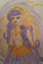 Size: 600x890 | Tagged: safe, artist:glaceonfrozen, oc, oc:queen galaxia, human, breasts, celestia and luna's mother, clothes, cutie mark, dress, female, galaxy, humanized, looking at you, solo, traditional art