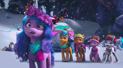 Size: 1280x716 | Tagged: safe, screencap, hitch trailblazer, izzy moonbow, pipp petals, sparky sparkeroni, sunny starscout, zipp storm, dragon, earth pony, pegasus, pony, unicorn, g5, my little pony: make your mark, my little pony: make your mark chapter 3, winter wishday, spoiler:g5, spoiler:winter wishday, animated, bag, bells, clothes, crown, diamonds, fake antlers, female, floral head wreath, flower, flower in hair, growling, hat, heart, jewelry, male, mane five, mare, paper crown, regalia, saddle bag, scarf, shocked, snow, snowfall, sound, speechless, stallion, tent, toque, tree branch, webm, weird, winter, winter hat, wreath