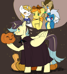 Size: 2844x3174 | Tagged: safe, artist:pledus, braeburn, doctor whooves, prince blueblood, time turner, wind waker, oc, oc:king righteous authority, alicorn, earth pony, pegasus, pony, unicorn, vampire, vampony, g4, alicorn oc, bowtie, cape, clothes, commissioner:bigonionbean, costume, fusion, fusion:braeburn, fusion:doctor whooves, fusion:prince blueblood, fusion:time turner, fusion:wind waker, halloween, halloween costume, high res, holiday, horn, male, pumpkin, pumpkin patch, stallion, thought bubble, wings, writer:bigonionbean