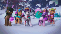Size: 1280x716 | Tagged: safe, screencap, hitch trailblazer, pipp petals, sparky sparkeroni, sunny starscout, zipp storm, earth pony, pegasus, pony, unicorn, g5, my little pony: make your mark, my little pony: make your mark chapter 3, winter wishday, spoiler:g5, spoiler:winter wishday, animated, bells, clothes, crown, crystal, diamonds, female, flying, hat, heart, jewelry, lights, male, mare, ornament, ornaments, paper crown, regalia, scarf, snow, snowfall, stallion, tree, tree branch, unnamed character, unnamed pony, winter hat
